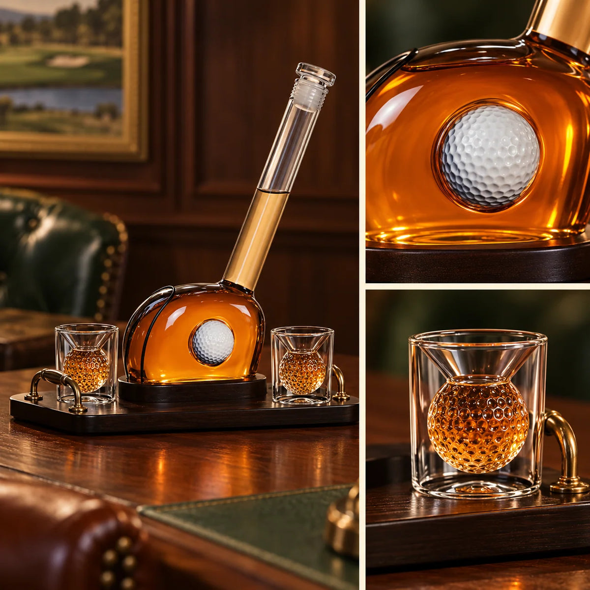Whiskey Decanter Set Golf Design Lead-Free Crystal With Wooden Tray