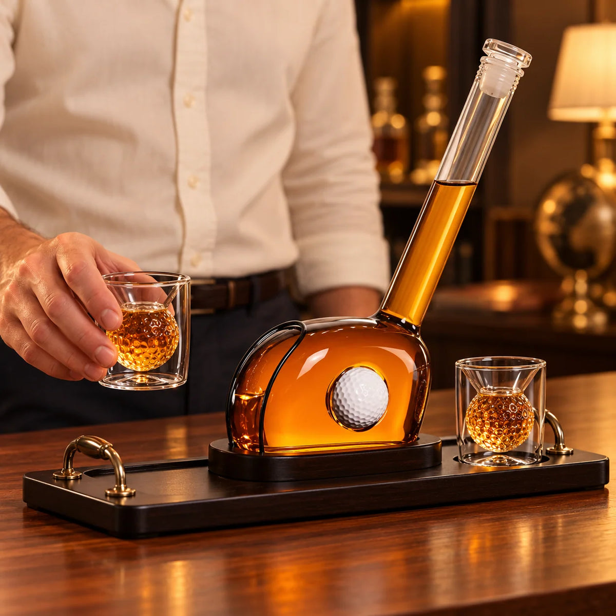Whiskey Decanter Set Golf Design Lead-Free Crystal With Wooden Tray