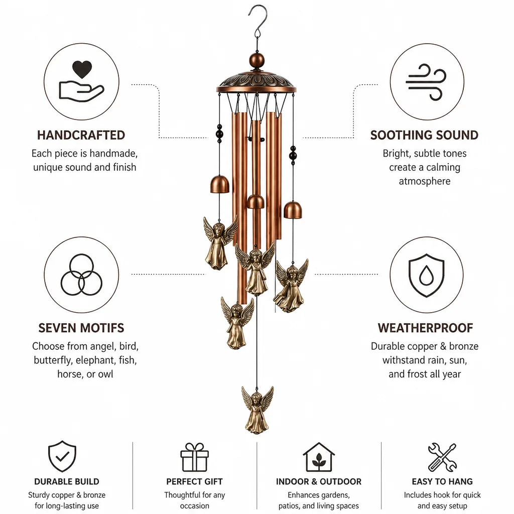 Wind Chime Handcrafted Copper & Bronze Seven Motifs
