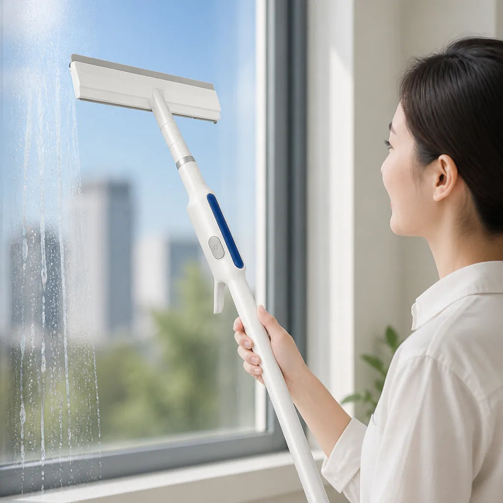 Window Squeegee Refillable Spray Head Dual-Blade Telescopic Handle