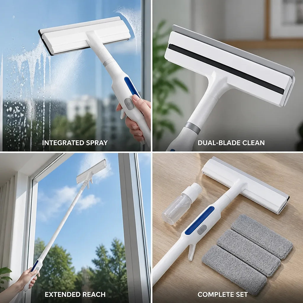 Window Squeegee Refillable Spray Head Dual-Blade Telescopic Handle