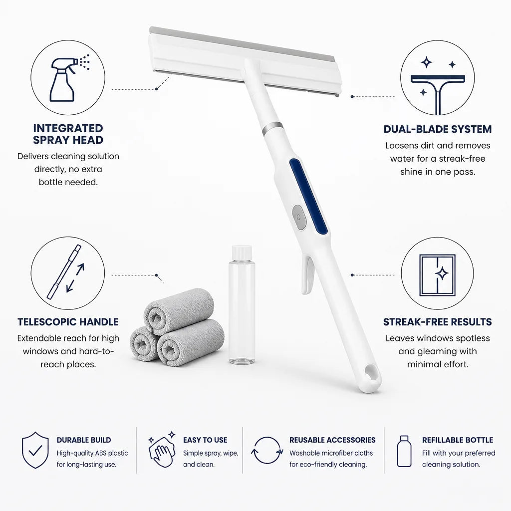 Window Squeegee Refillable Spray Head Dual-Blade Telescopic Handle