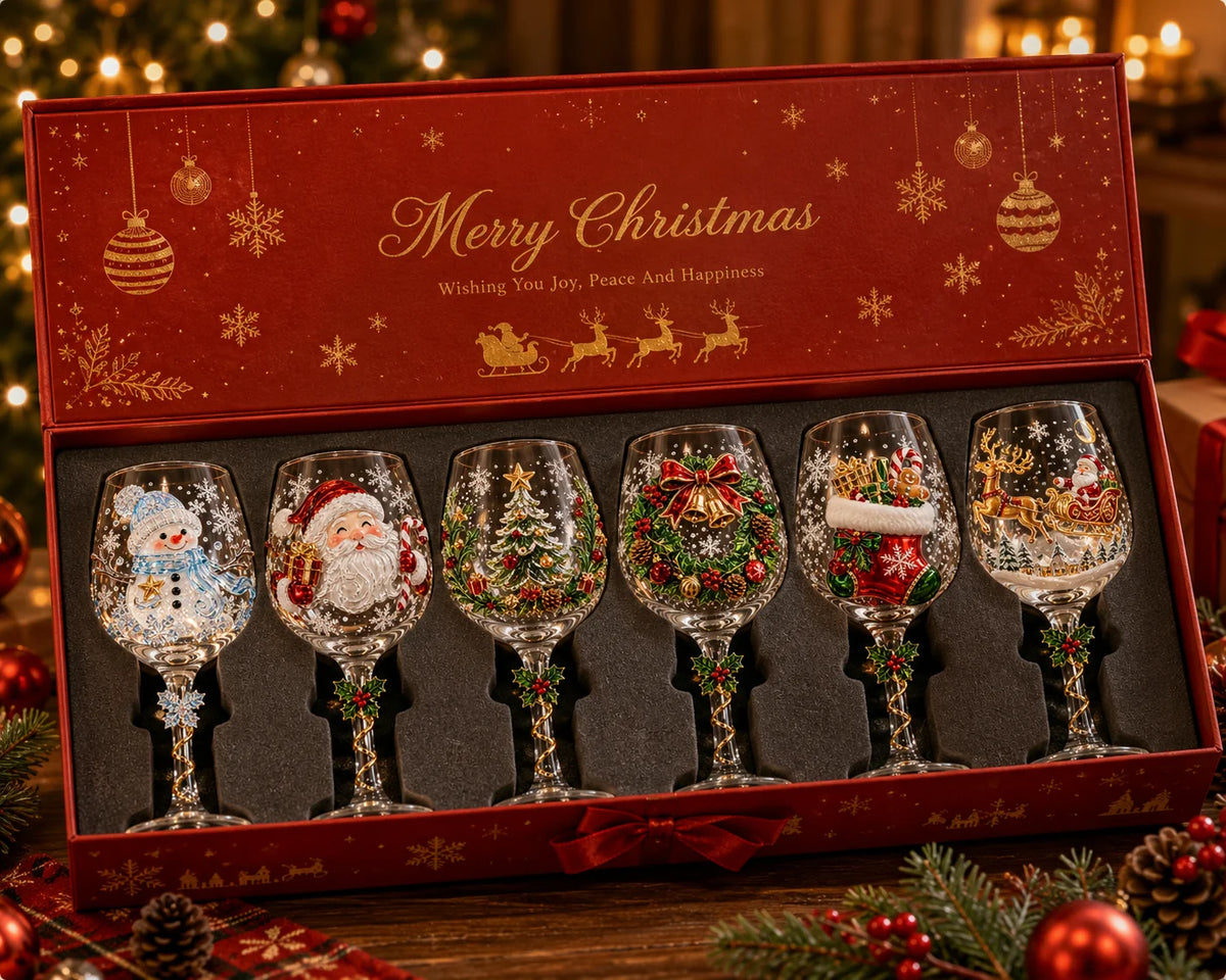 Wine Glasses Stemmed With Raised 3D Holiday Designs