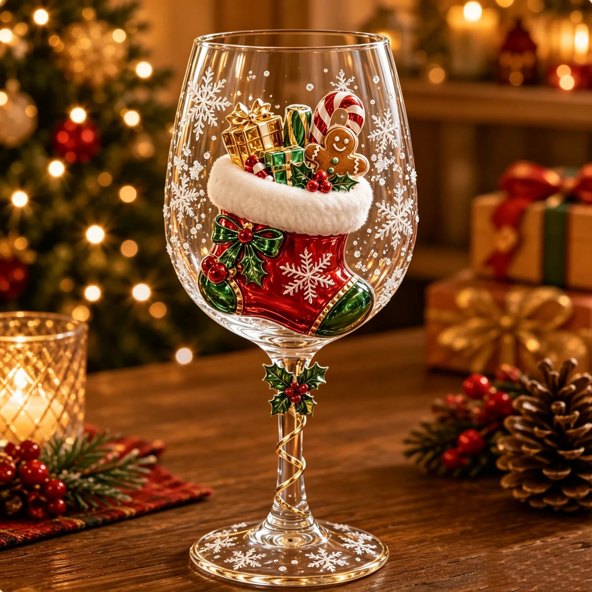 Wine Glasses Stemmed With Raised 3D Holiday Designs