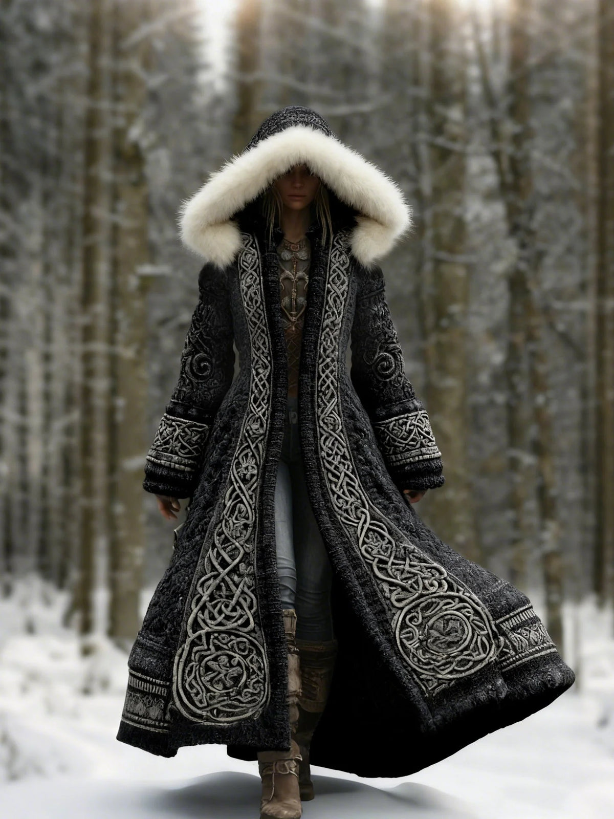 Winter Coat Hooded Flared Maxi Braided Details