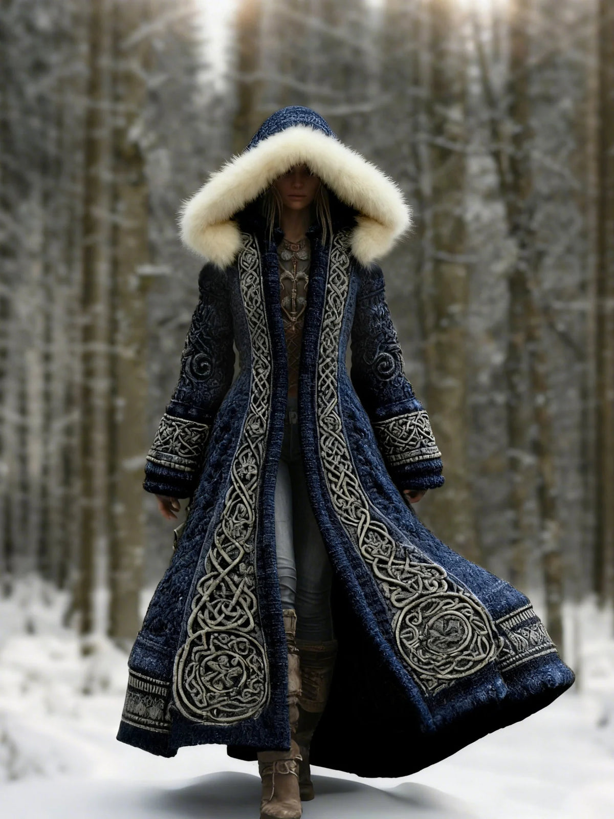Winter Coat Hooded Flared Maxi Braided Details