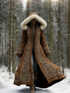 Winter Coat Hooded Flared Maxi Braided Details