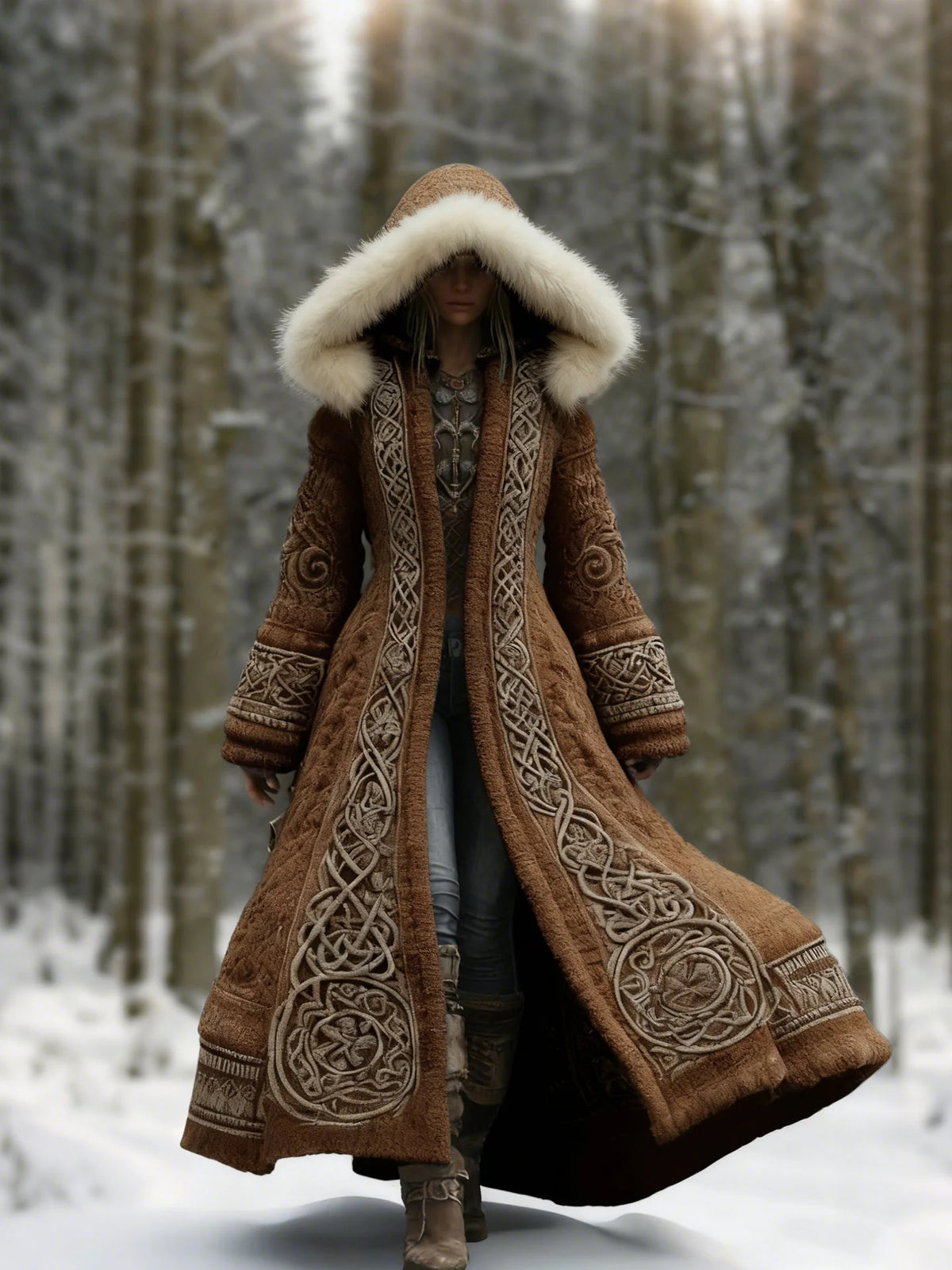 Winter Coat Hooded Flared Maxi Braided Details