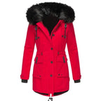 Winter Parka Quilted Insulated Detachable Faux Fur Hood Trim Multiple Pockets