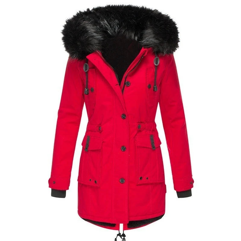 Winter Parka Quilted Insulated Detachable Faux Fur Hood Trim Multiple Pockets