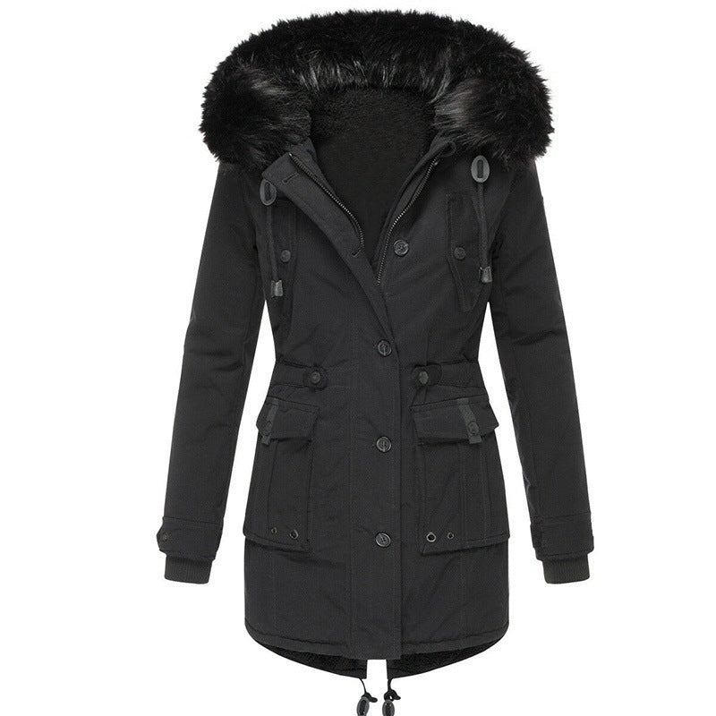Winter Parka Quilted Insulated Detachable Faux Fur Hood Trim Multiple Pockets
