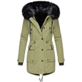 Winter Parka Quilted Insulated Detachable Faux Fur Hood Trim Multiple Pockets