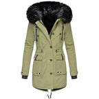 Winter Parka Quilted Insulated Detachable Faux Fur Hood Trim Multiple Pockets