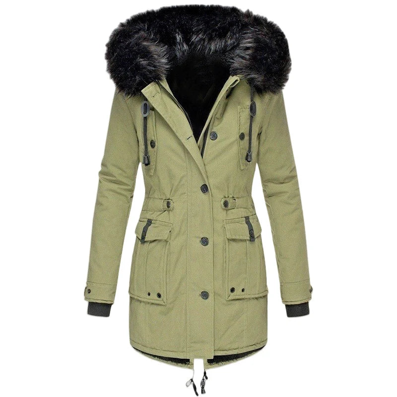 Winter Parka Quilted Insulated Detachable Faux Fur Hood Trim Multiple Pockets