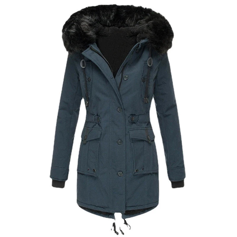 Winter Parka Quilted Insulated Detachable Faux Fur Hood Trim Multiple Pockets