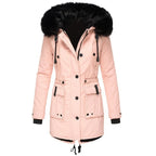 Winter Parka Quilted Insulated Detachable Faux Fur Hood Trim Multiple Pockets