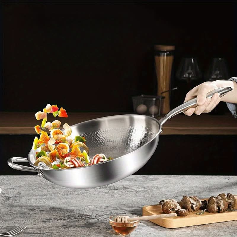 Wok Hammered Stainless Steel Glass Lid 12.6-Inch Deep Design
