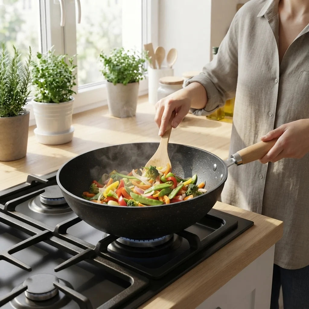 Wok Pan Iron Flat Base Tempered Glass Lid