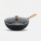 Wok Pan Iron Flat Base Tempered Glass Lid