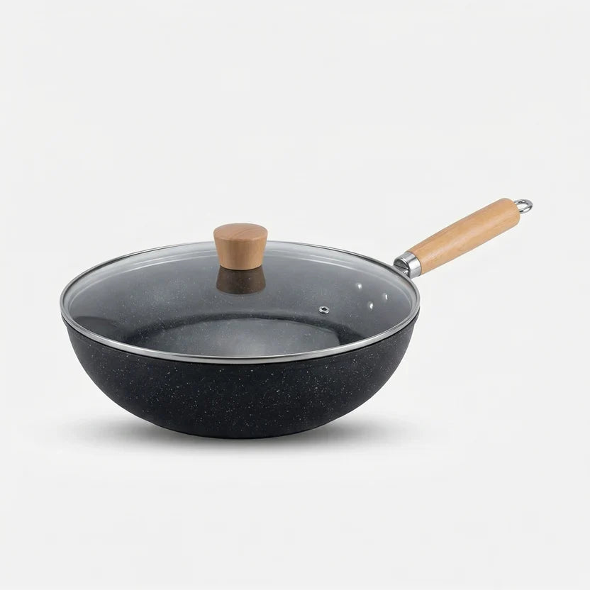 Wok Pan Iron Flat Base Tempered Glass Lid