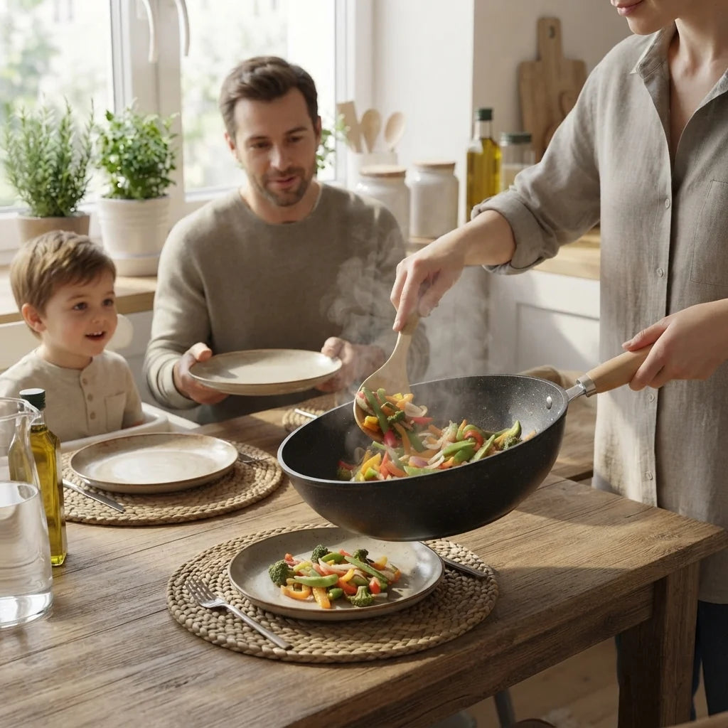 Wok Pan Iron Flat Base Tempered Glass Lid