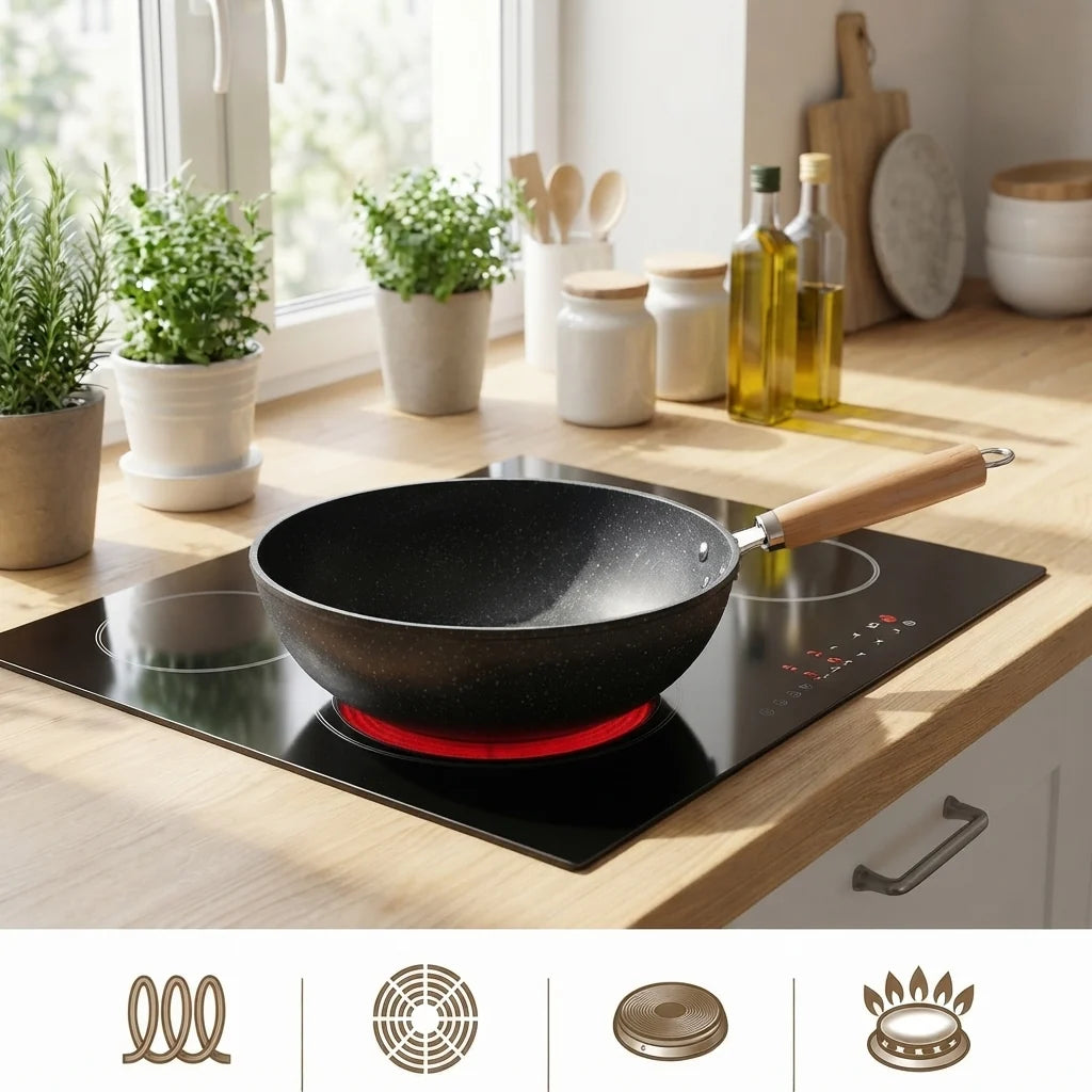 Wok Pan Iron Flat Base Tempered Glass Lid