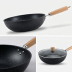 Wok Pan Iron Flat Base Tempered Glass Lid