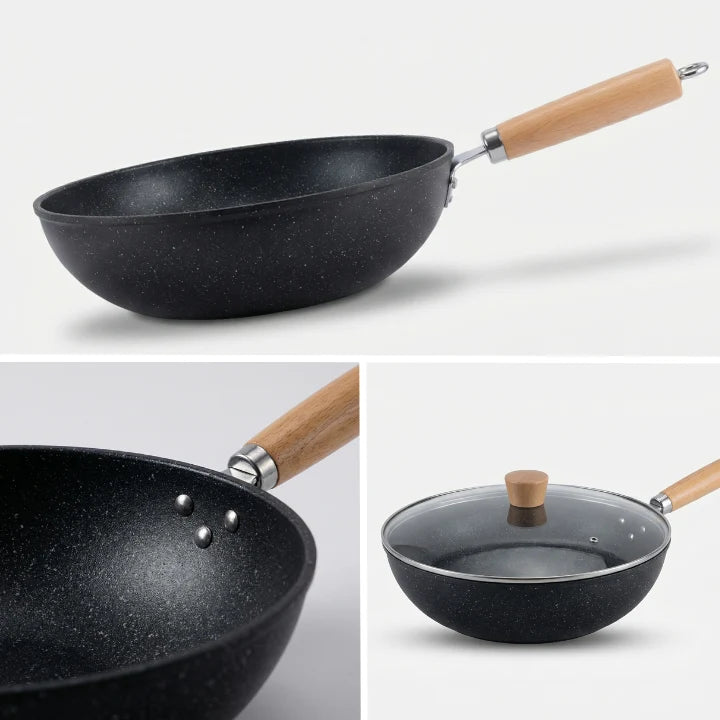 Wok Pan Iron Flat Base Tempered Glass Lid