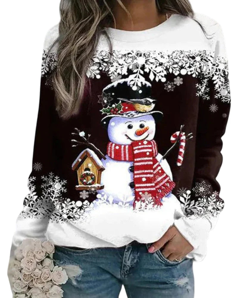 Women's Sweatshirt Snowman Print Cotton-Polyester Blend Long Sleeve
