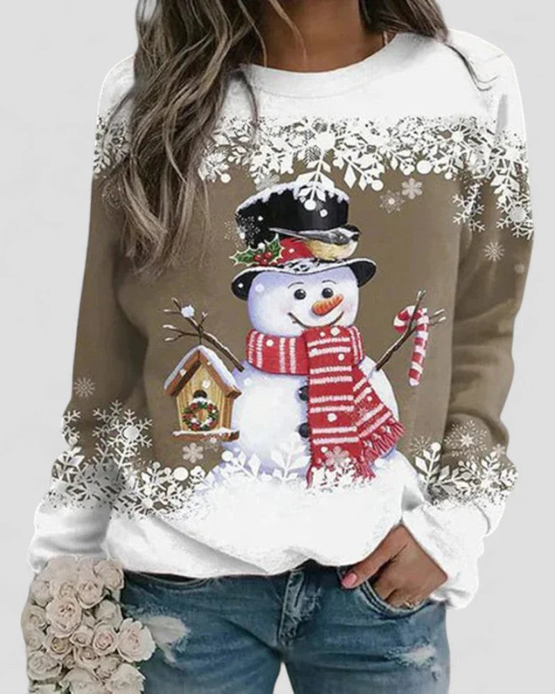 Women's Sweatshirt Snowman Print Cotton-Polyester Blend Long Sleeve