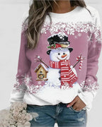 Women's Sweatshirt Snowman Print Cotton-Polyester Blend Long Sleeve