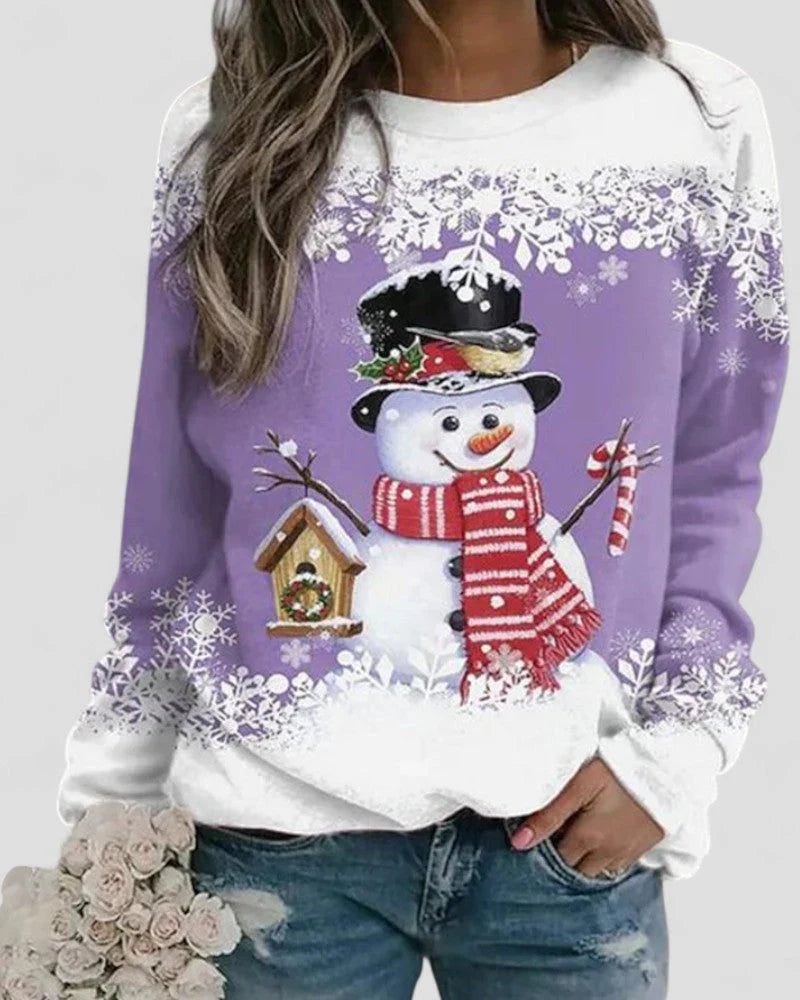 Women's Sweatshirt Snowman Print Cotton-Polyester Blend Long Sleeve