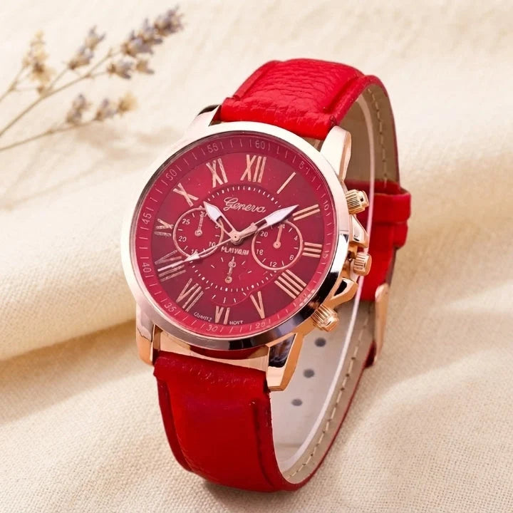 Women's Watch Genuine Leather Strap Roman Numerals & Date Display