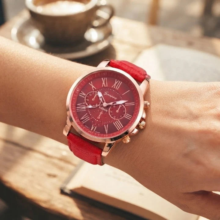 Women's Watch Genuine Leather Strap Roman Numerals & Date Display