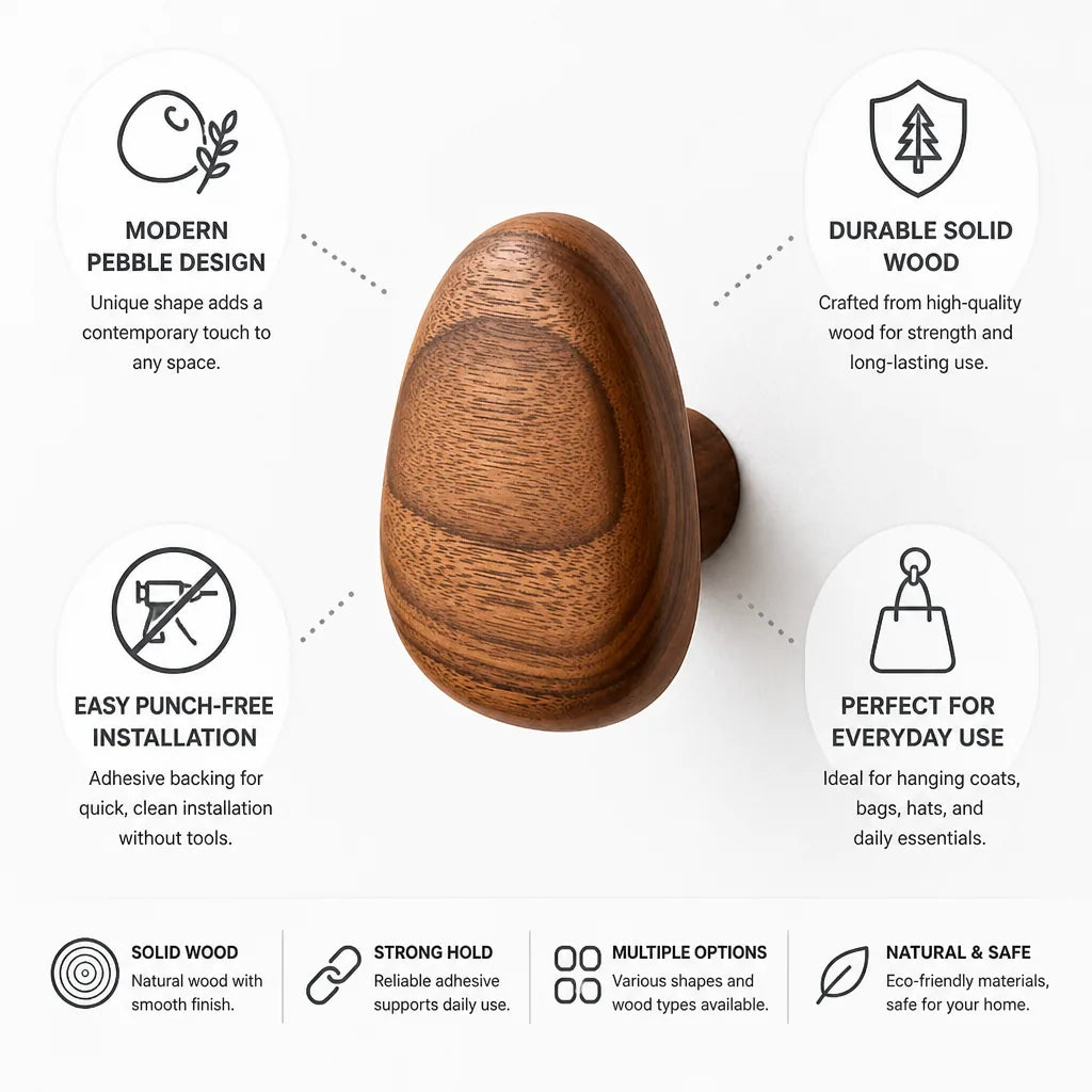 Wood Wall Hook Pebble-Shaped Adhesive Backing