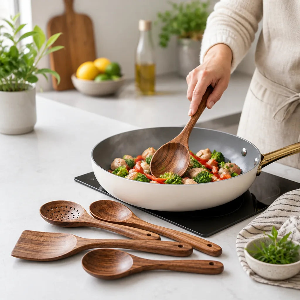 Wooden Utensil Set Teak Wood Cookware Friendly
