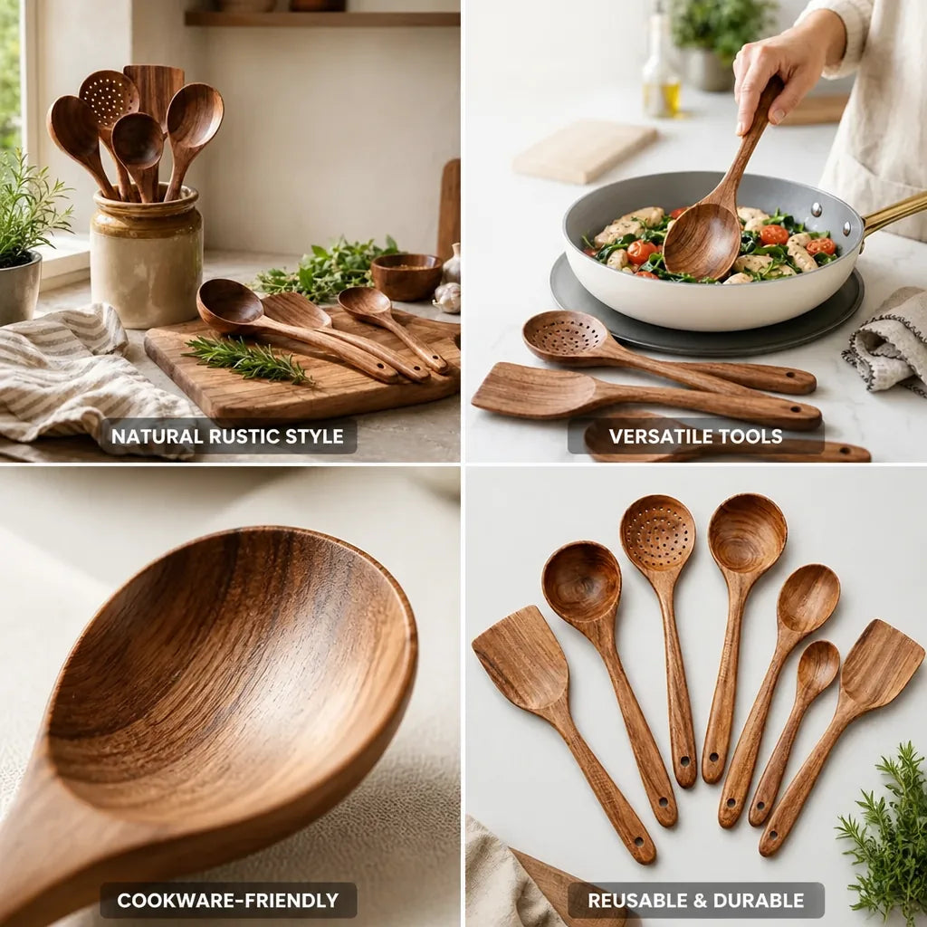 Wooden Utensil Set Teak Wood Cookware Friendly