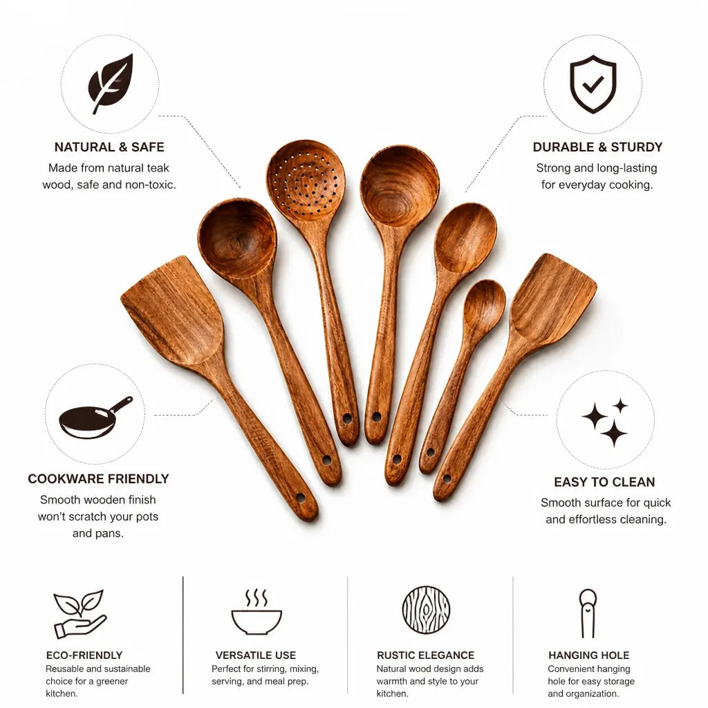 Wooden Utensil Set Teak Wood Cookware Friendly