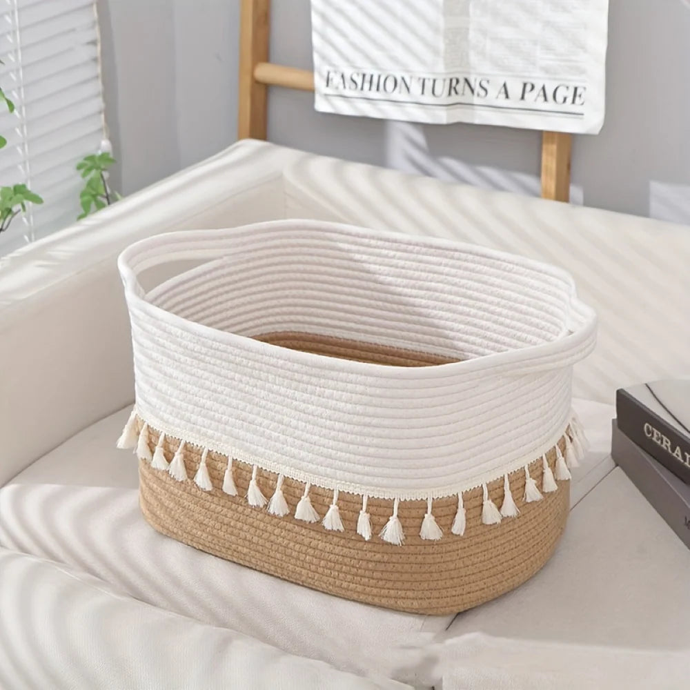 Woven Storage Basket Cotton Rope Tassel Trim With Handles