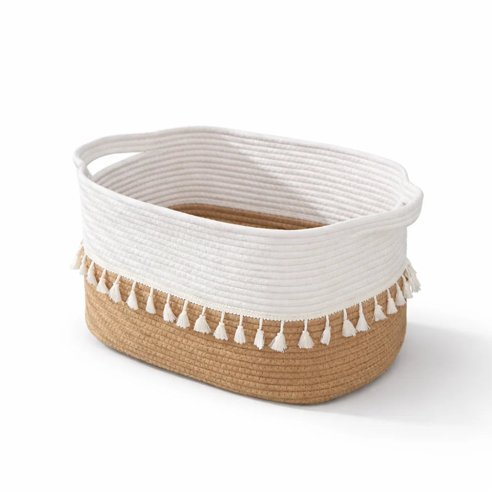 Woven Storage Basket Cotton Rope Tassel Trim With Handles