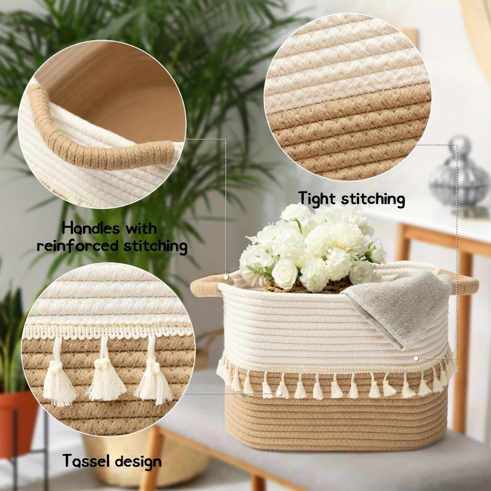 Woven Storage Basket Cotton Rope Tassel Trim With Handles