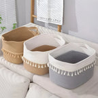 Woven Storage Basket Cotton Rope Tassel Trim With Handles