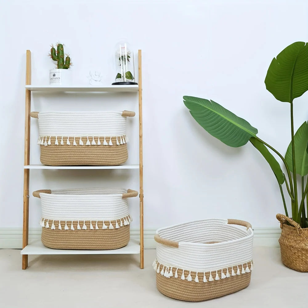 Woven Storage Basket Cotton Rope Tassel Trim With Handles
