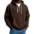Zip-Up Hoodie Ribbed High Collar Adjustable Hood & Kangaroo Pocket