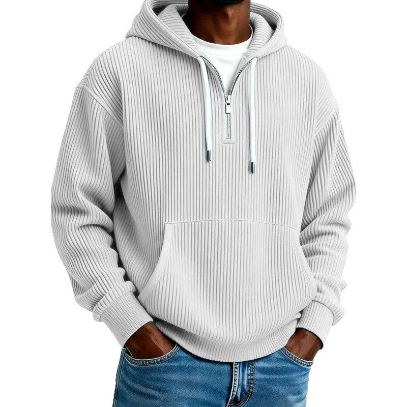 Zip-Up Hoodie Ribbed High Collar Adjustable Hood & Kangaroo Pocket