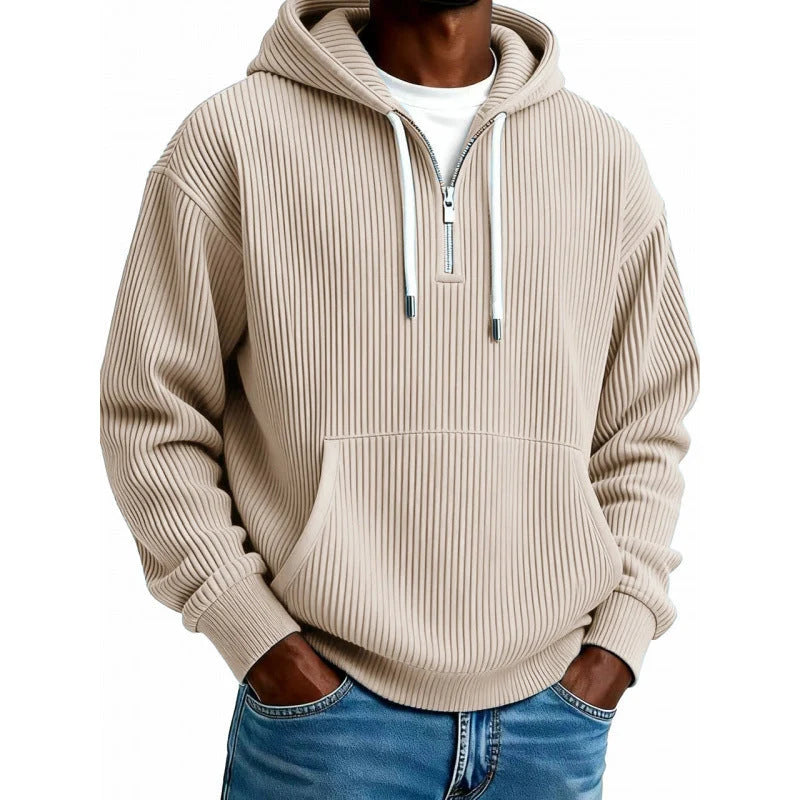 Zip-Up Hoodie Ribbed High Collar Adjustable Hood & Kangaroo Pocket