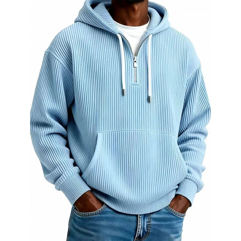 Zip-Up Hoodie Ribbed High Collar Adjustable Hood & Kangaroo Pocket