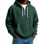 Zip-Up Hoodie Ribbed High Collar Adjustable Hood & Kangaroo Pocket