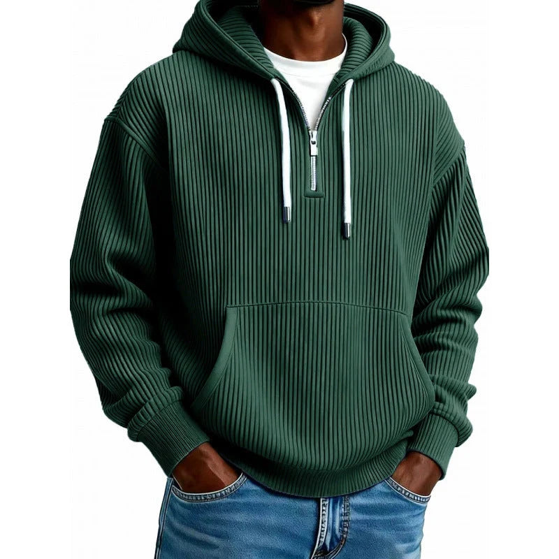 Zip-Up Hoodie Ribbed High Collar Adjustable Hood & Kangaroo Pocket