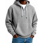 Zip-Up Hoodie Ribbed High Collar Adjustable Hood & Kangaroo Pocket